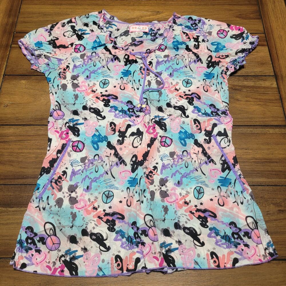 Koi by Kathy Peterson Scrub Blouse Abstract Love & Peace - Size Small